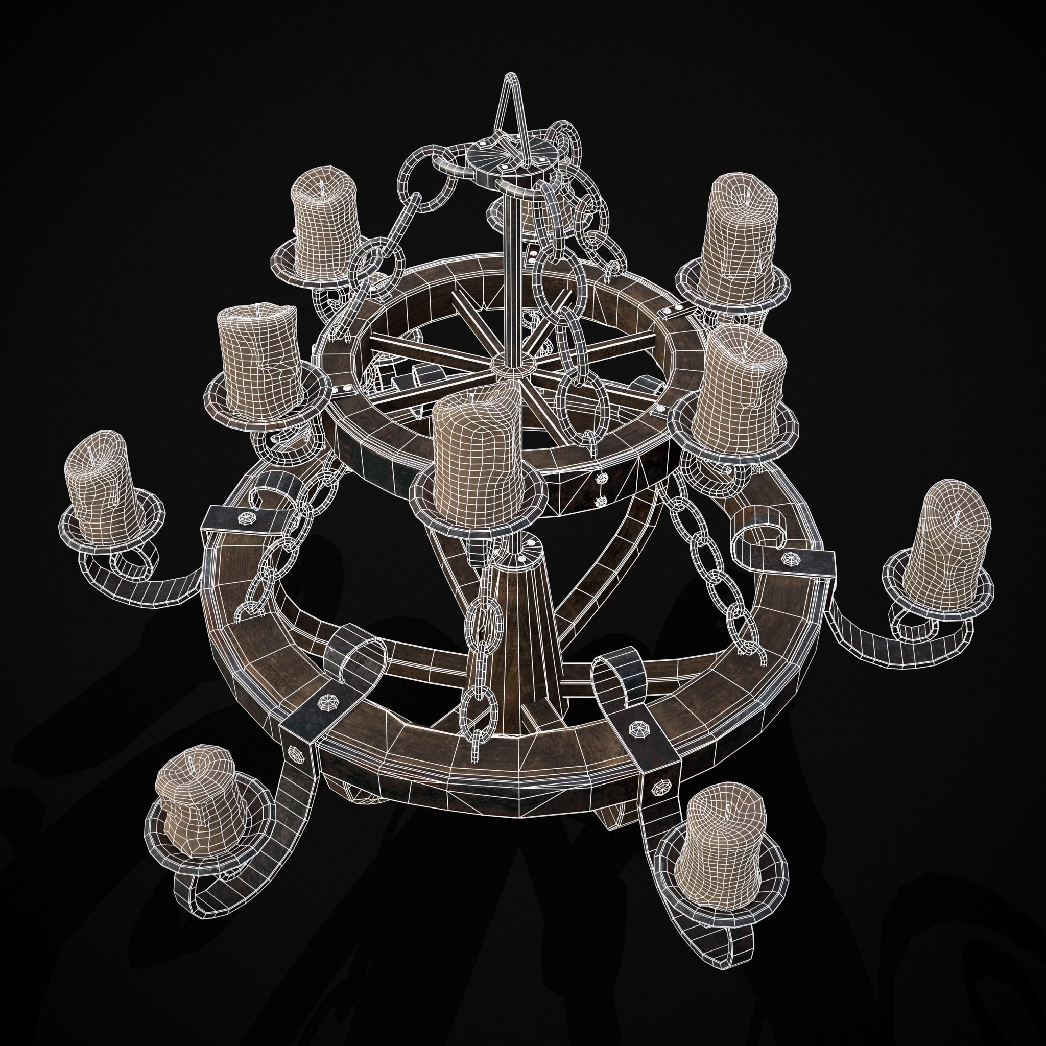 Rustic Medieval Wooden Candle Chandelier Low-poly 3D model_28