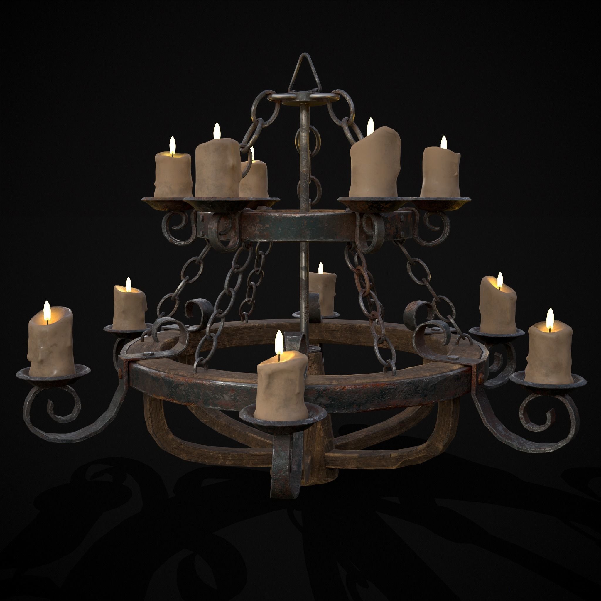 Rustic Medieval Wooden Candle Chandelier Low-poly 3D model_21