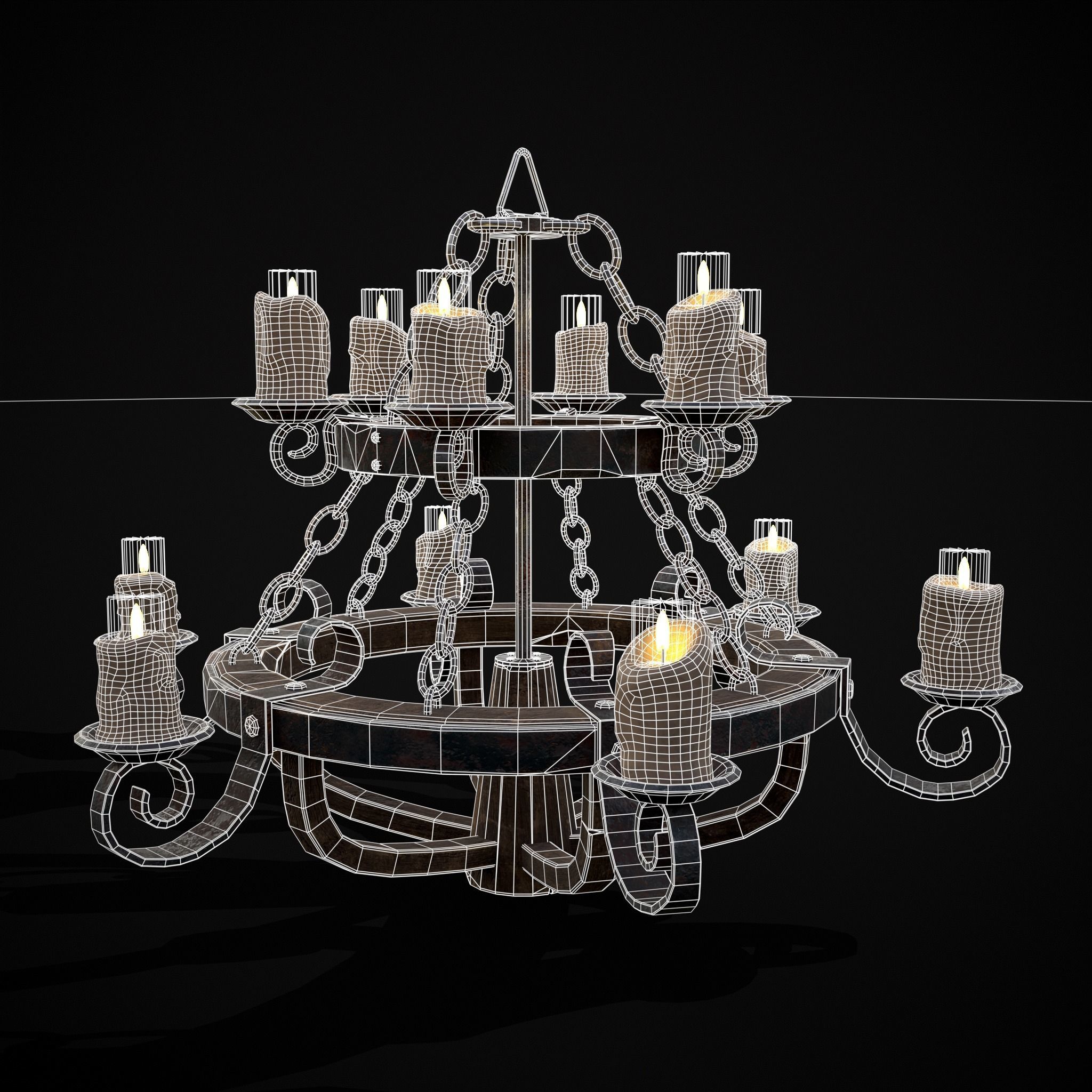 Rustic Medieval Wooden Candle Chandelier Low-poly 3D model_16