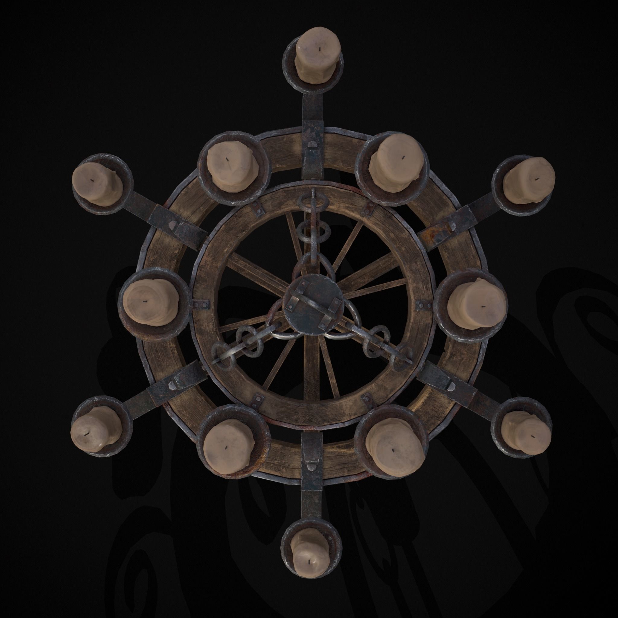 Rustic Medieval Wooden Candle Chandelier Low-poly 3D model_25