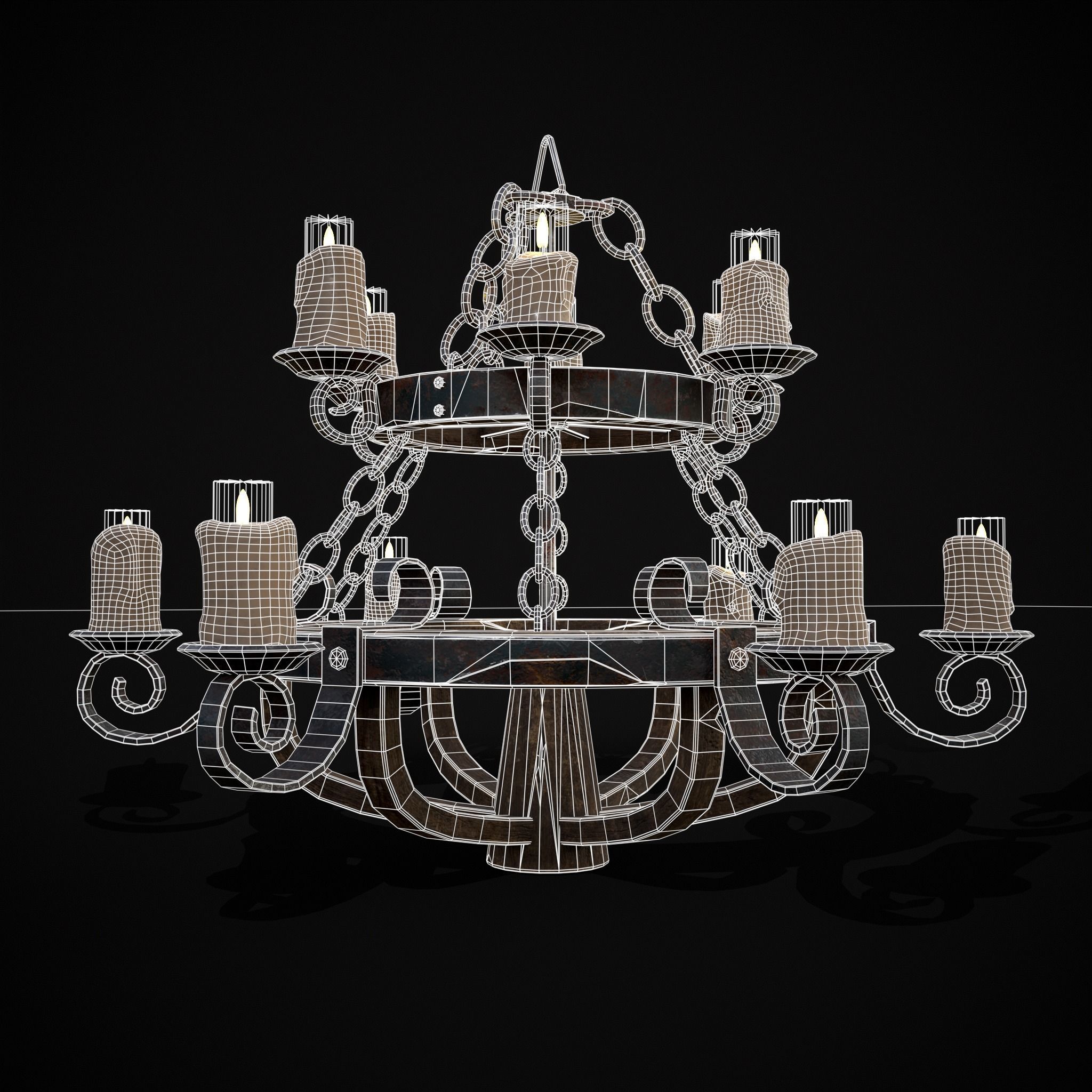 Rustic Medieval Wooden Candle Chandelier Low-poly 3D model_20