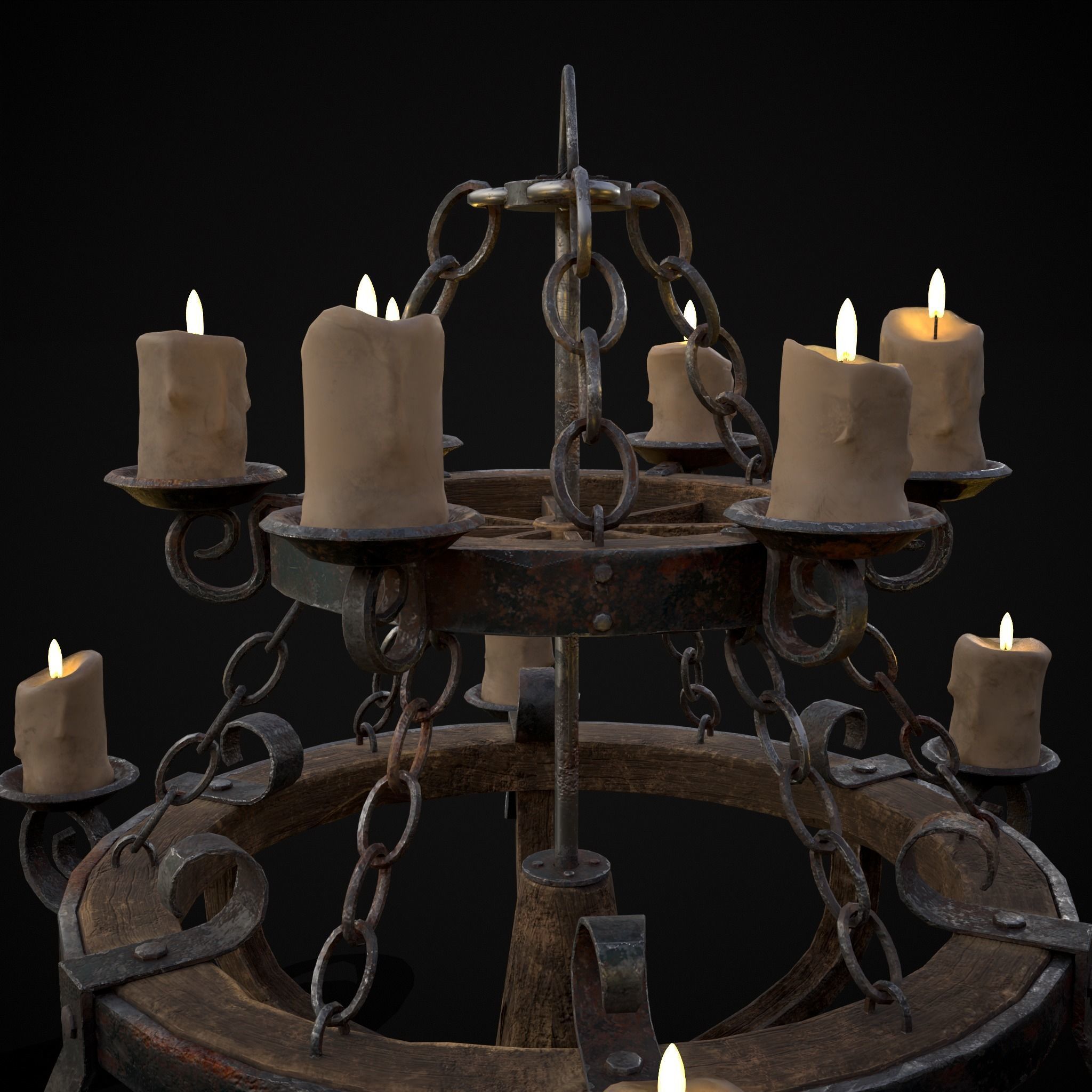 Rustic Medieval Wooden Candle Chandelier Low-poly 3D model_13