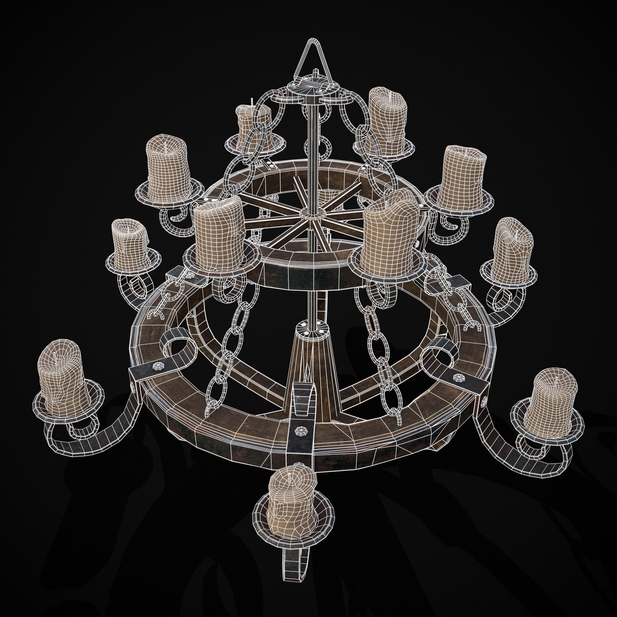 Rustic Medieval Wooden Candle Chandelier Low-poly 3D model_24