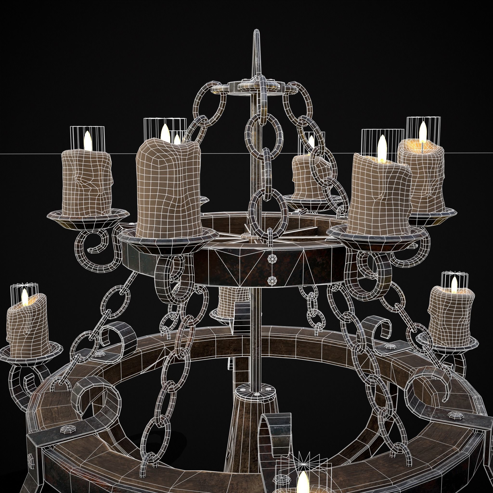 Rustic Medieval Wooden Candle Chandelier Low-poly 3D model_14