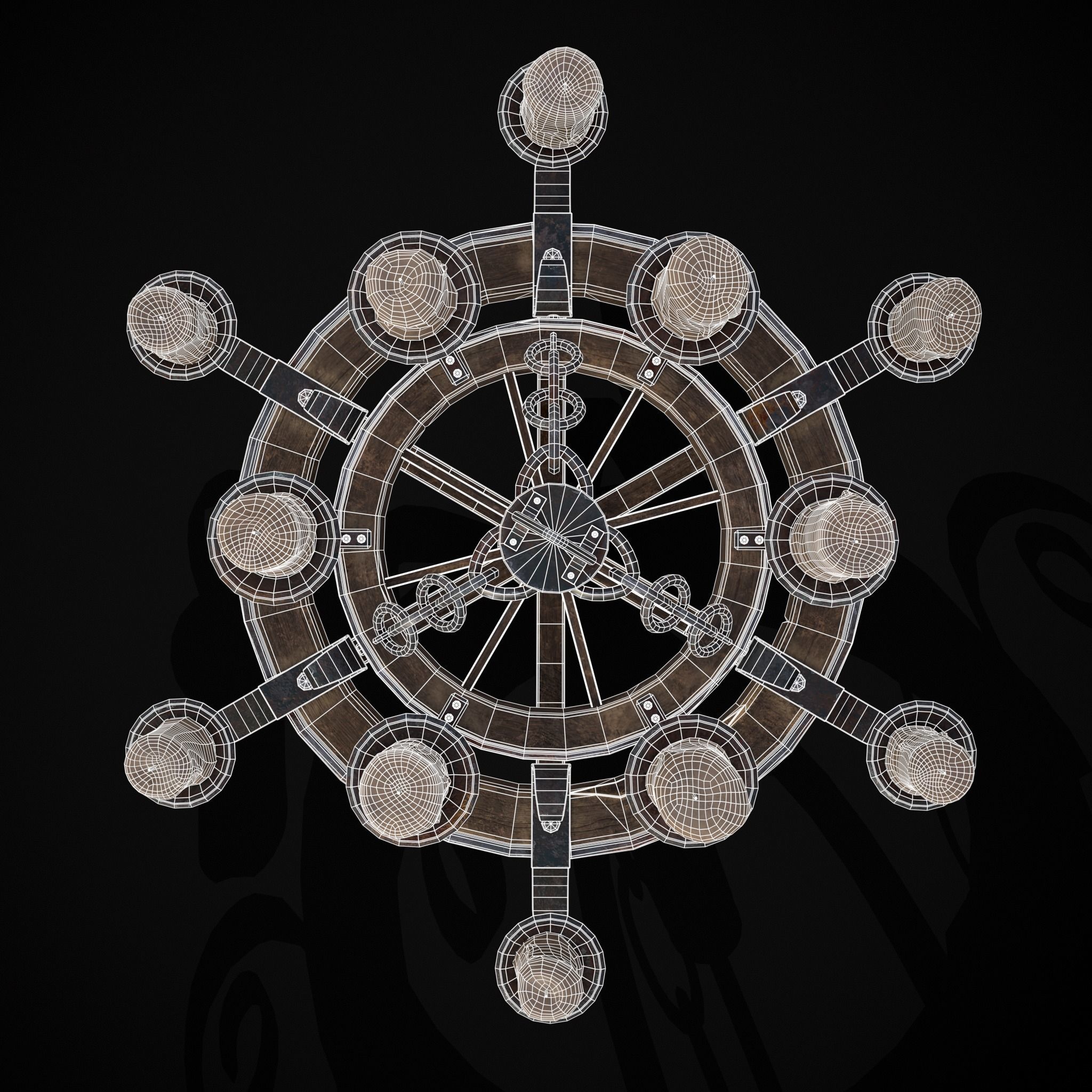 Rustic Medieval Wooden Candle Chandelier Low-poly 3D model_26