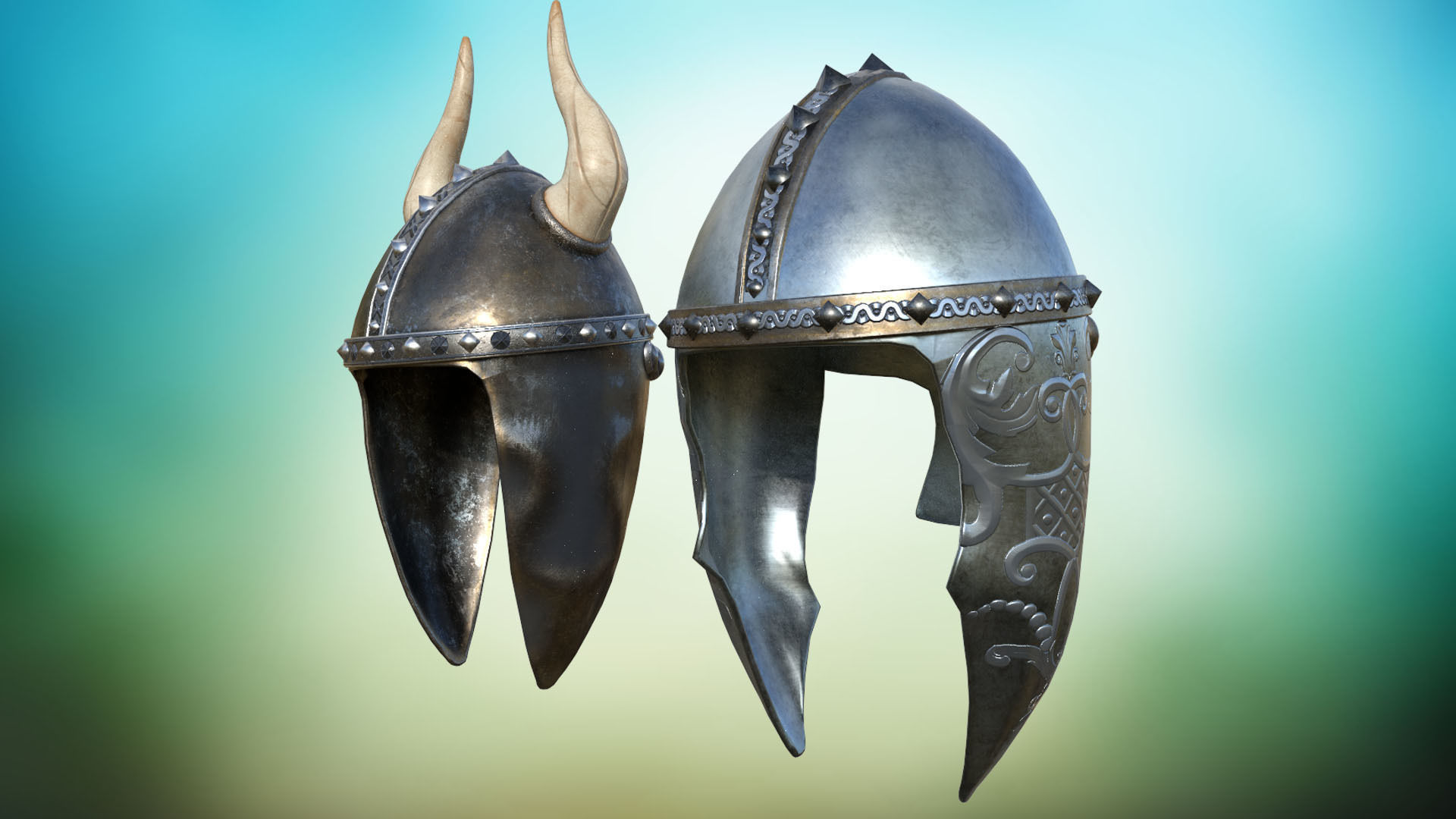 Stylized metal helmet of a knight PBR game ready Low-poly 3D model_2