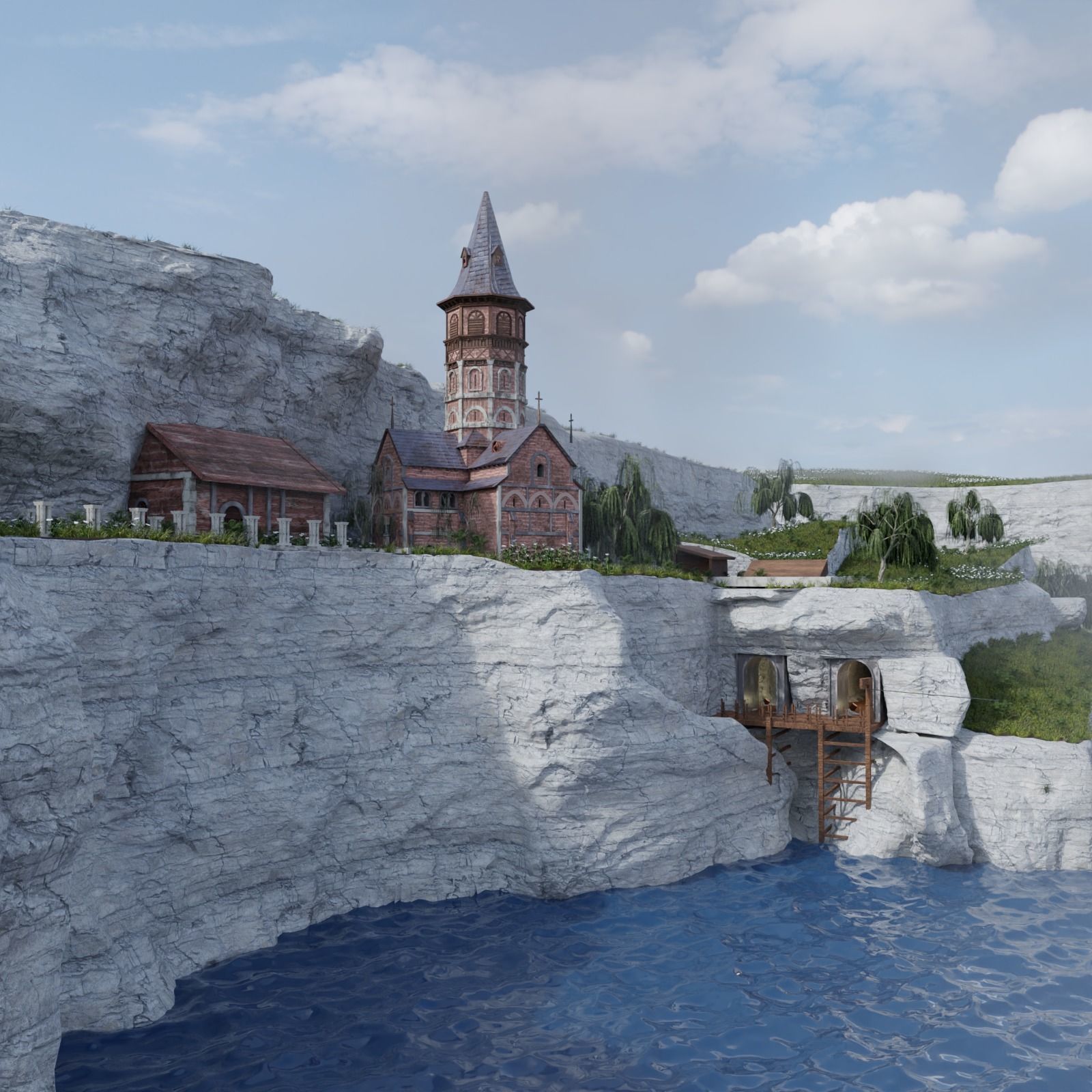 Church with cliffs 3D model_1