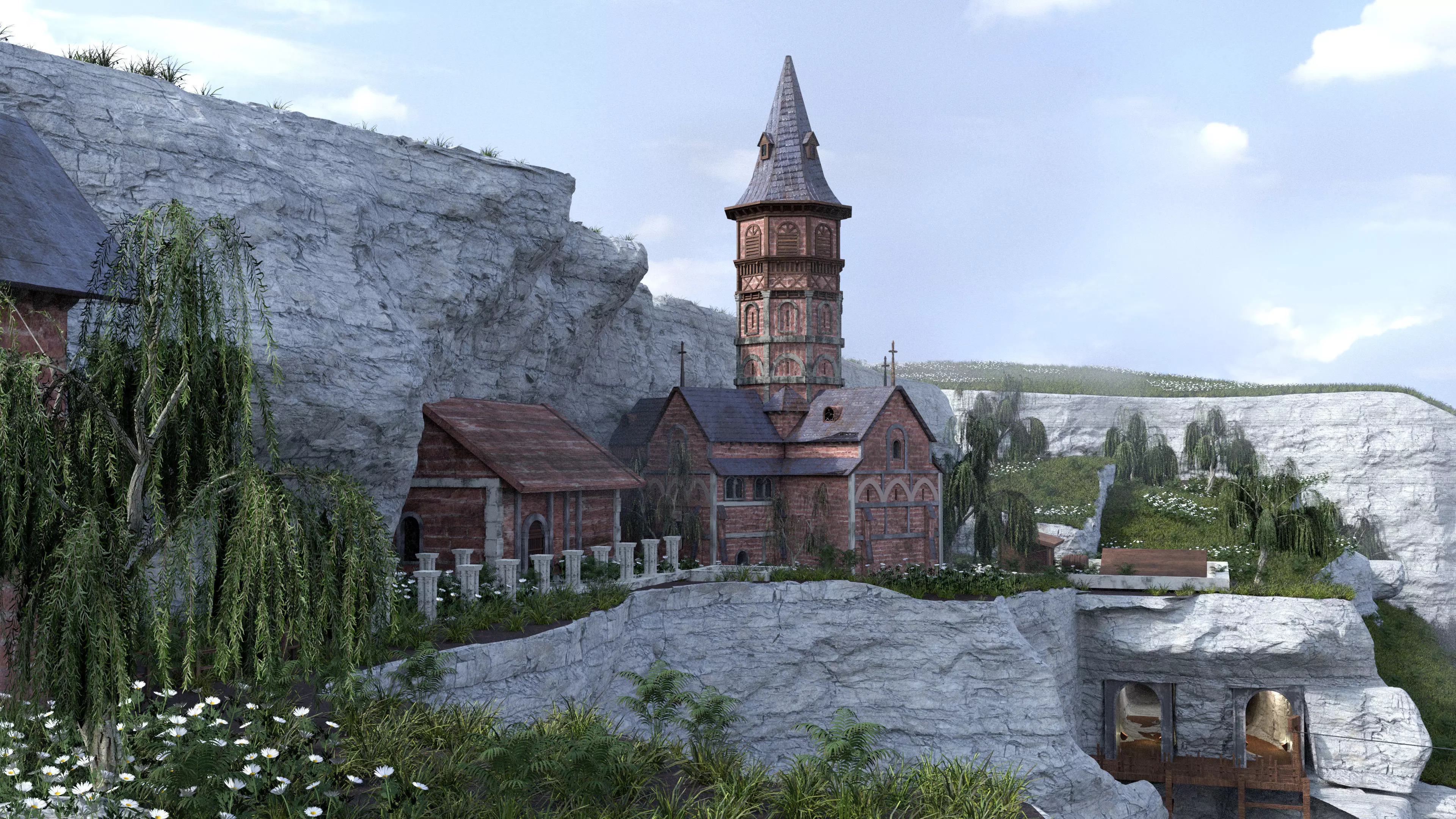 Church with cliffs 3D model_0