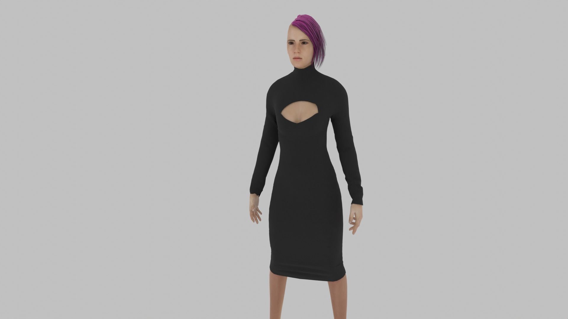 Woman in dress with hair Low-poly 3D model_1