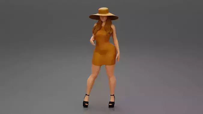 Fashion Girl in Elegant Hat and Dress Fashionable Clothes