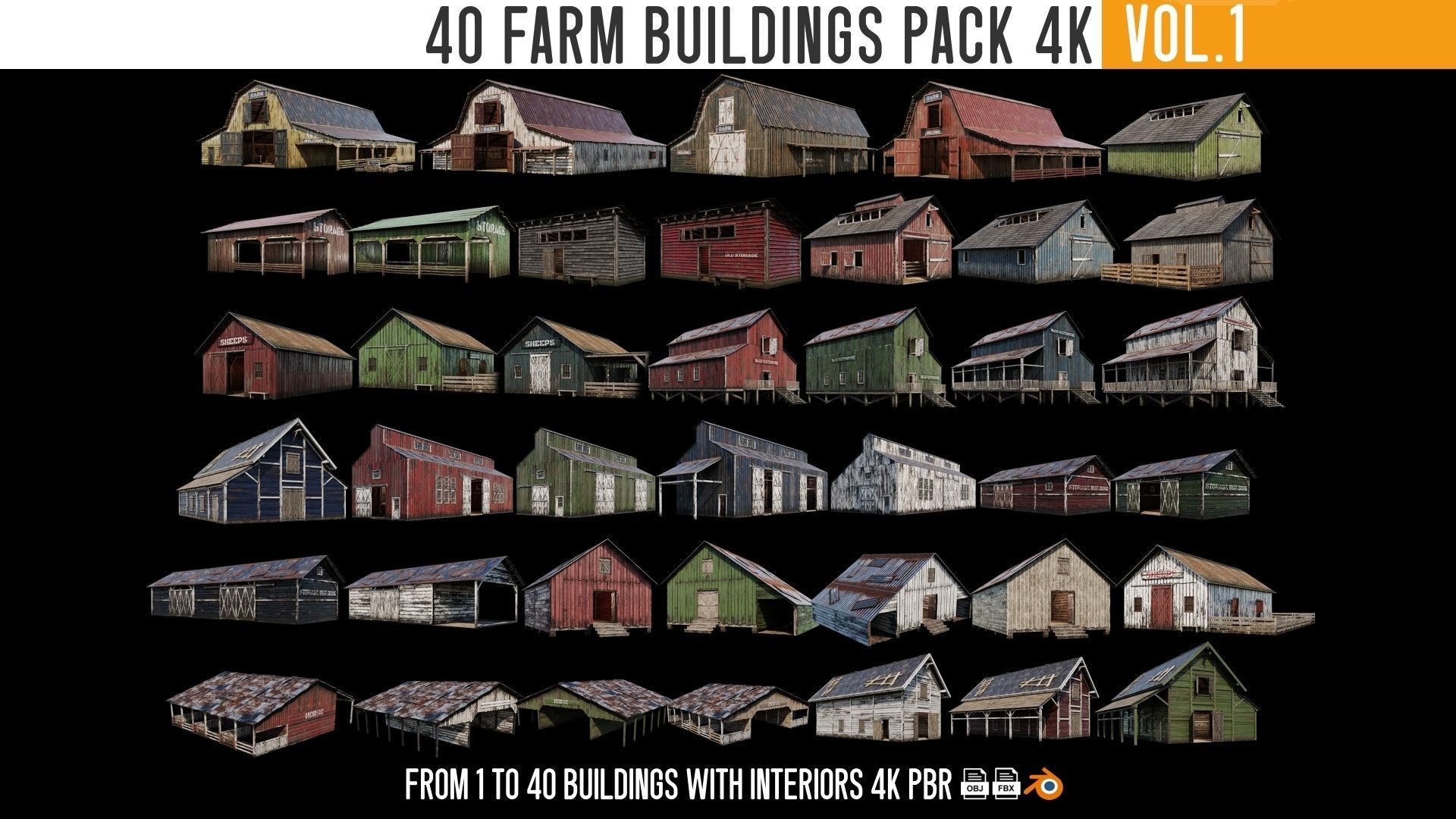 1 - 40 FARM BUILDINGS PACK 4K Textures GameReady 3D Model Collection_0