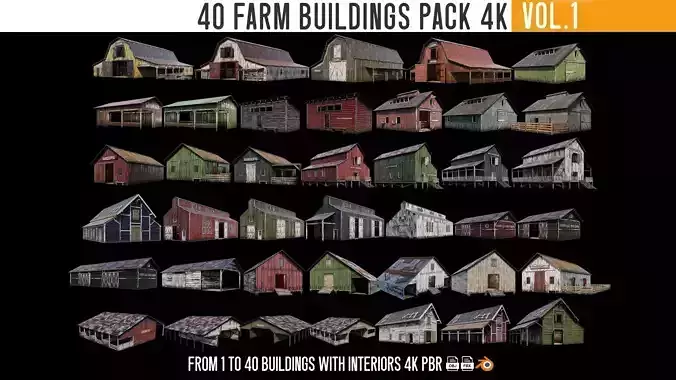 1 - 40 FARM BUILDINGS PACK 4K Textures GameReady 3D Model Collection