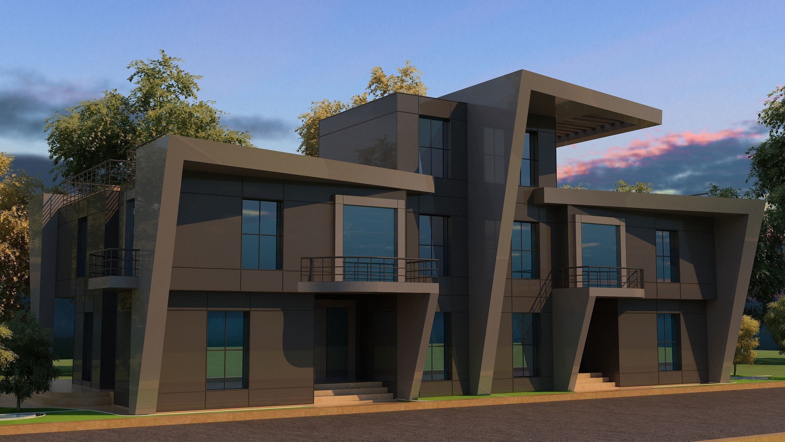 0057 - Modern Twin House - 3Ds Files - 2Ds Plans 3D model_1