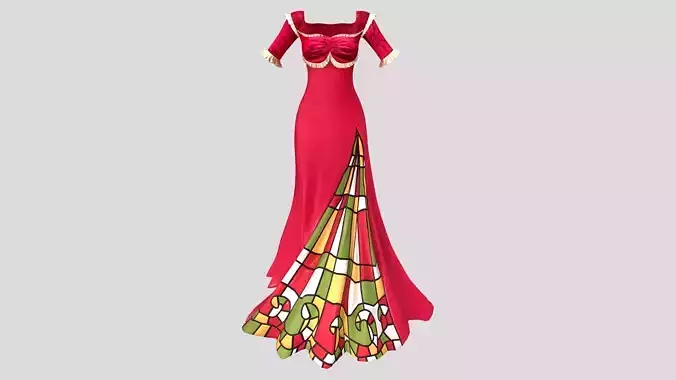 Queen Anne Neck Elbow Sleeves Long Red Ruffled Trims Long Gown