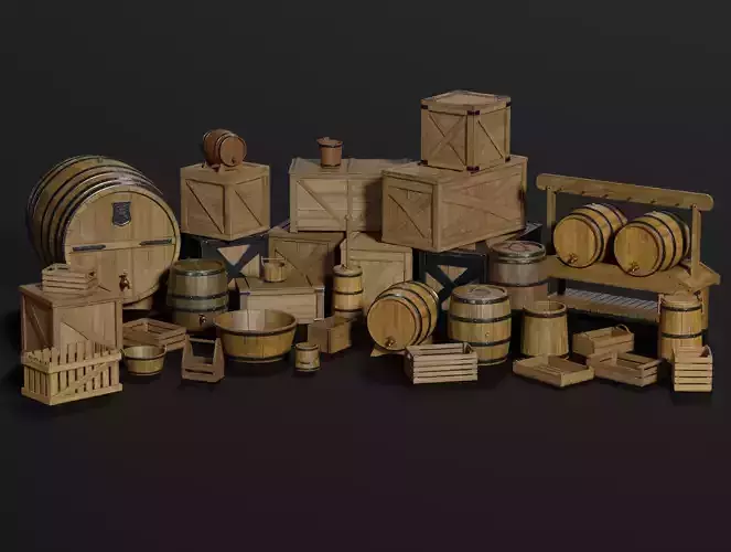 LowPoly PBR 35 Wooden Crate Barrel props Pack 3D Models Low-poly 3D model