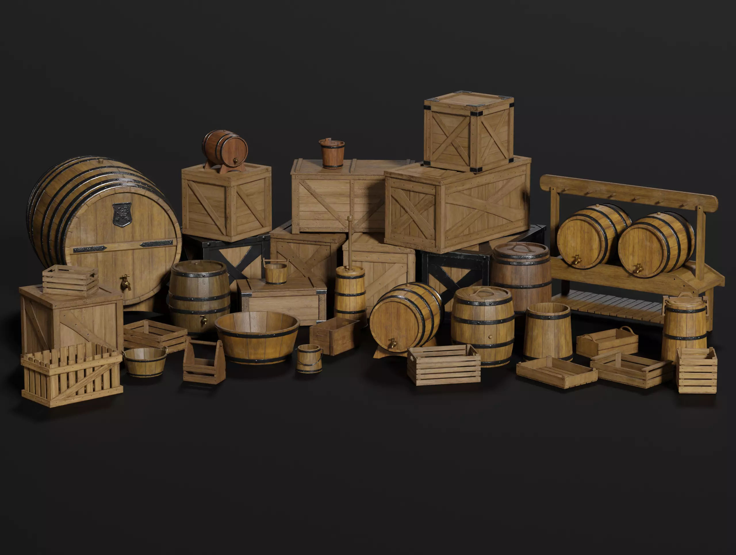 LowPoly PBR 35 Wooden Crate Barrel props Pack 3D Models Low-poly 3D model_0