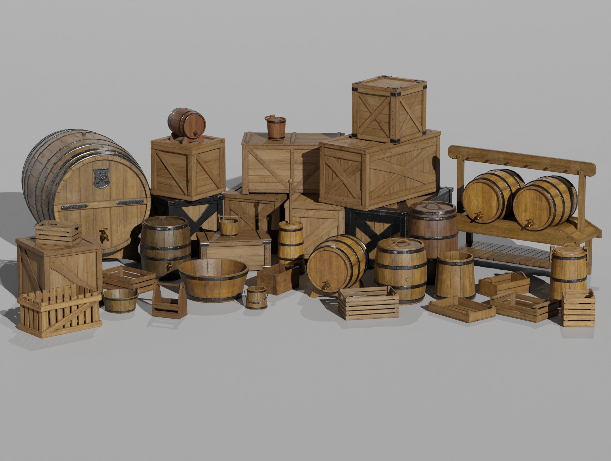 LowPoly PBR 35 Wooden Crate Barrel props Pack 3D Models Low-poly 3D model_1
