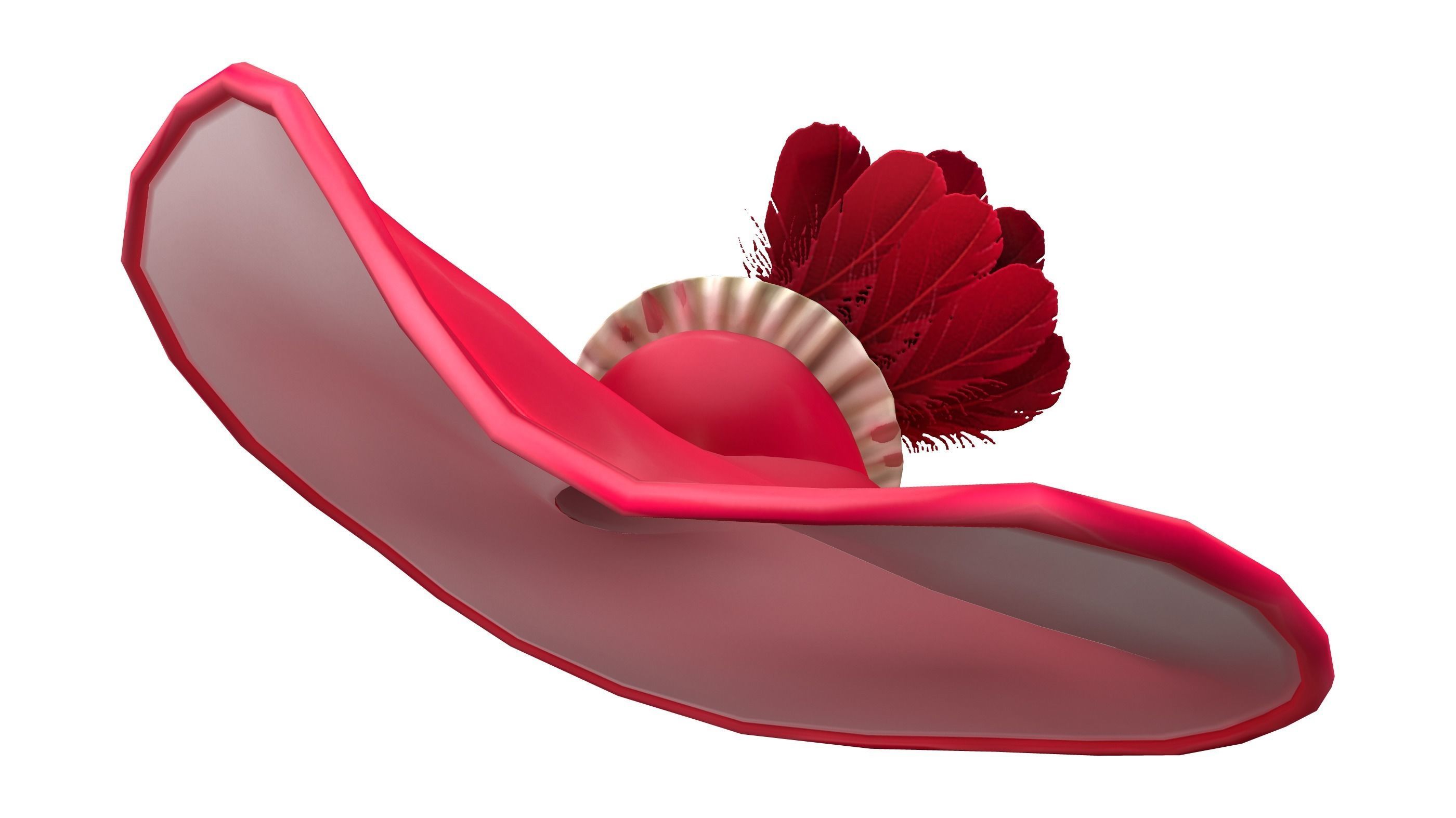 Female Feathers Decorated Big Vintage Red Derby Hat Low-poly 3D model_2