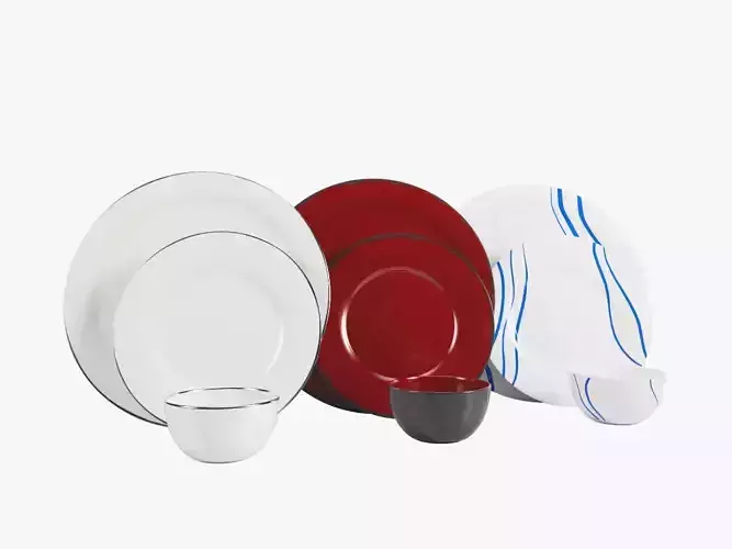 Three Style Dinnerware Set Plates and Bowl Low-poly 3D model