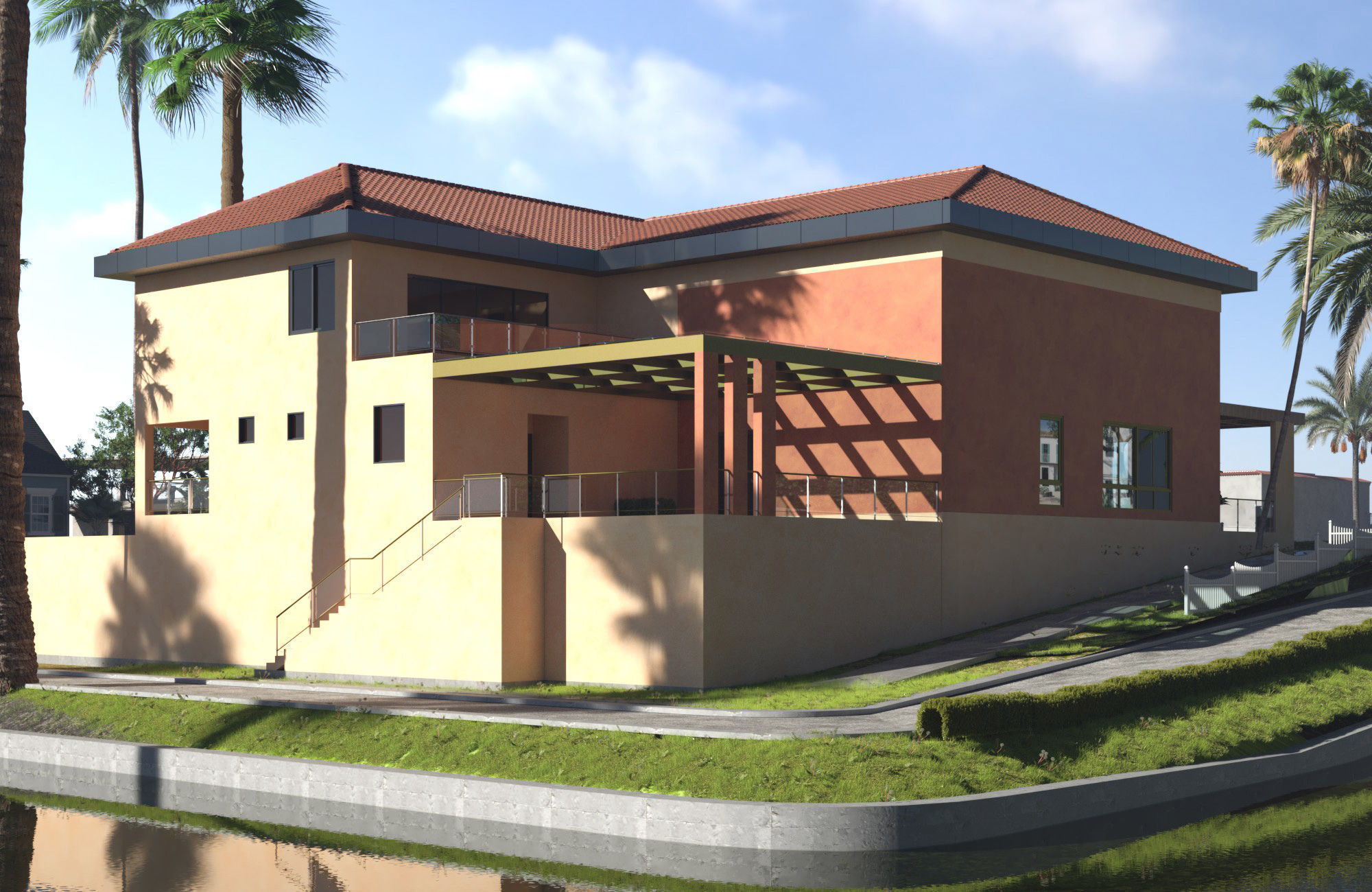 Exterior scene of rustic house on sloped landscape 3D model_2