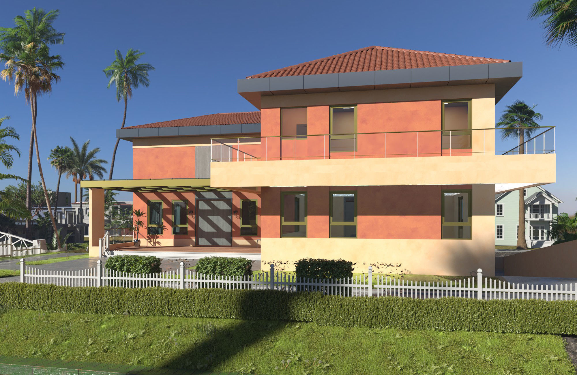 Exterior scene of rustic house on sloped landscape 3D model_5