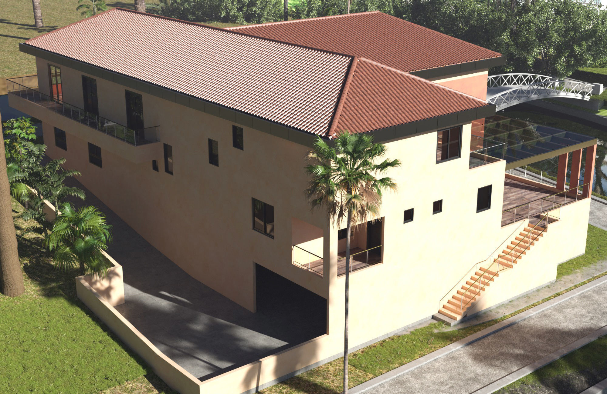 Exterior scene of rustic house on sloped landscape 3D model_4