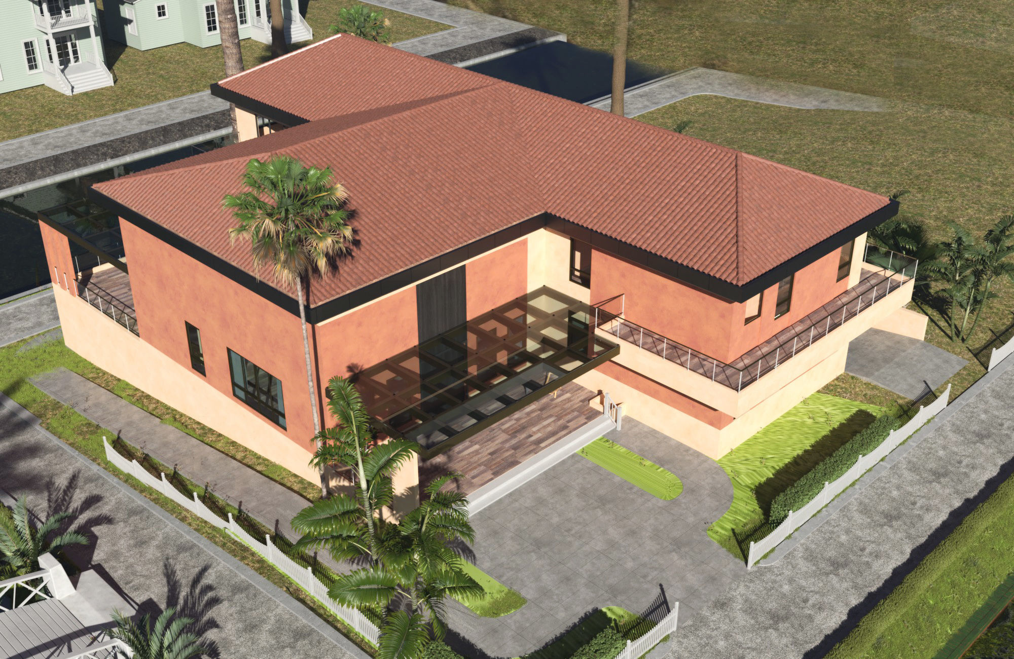 Exterior scene of rustic house on sloped landscape 3D model_3