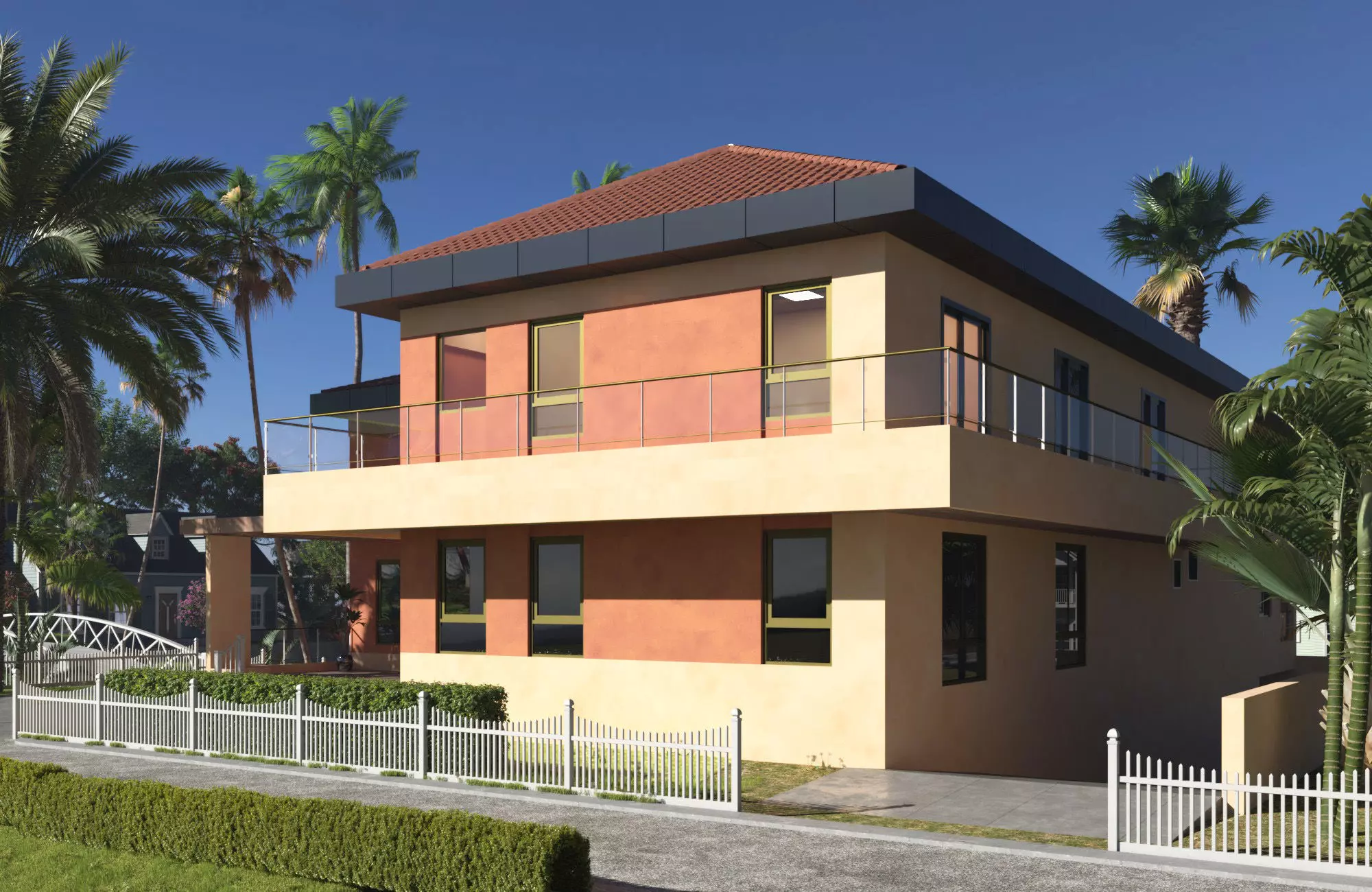 Exterior scene of rustic house on sloped landscape 3D model_0