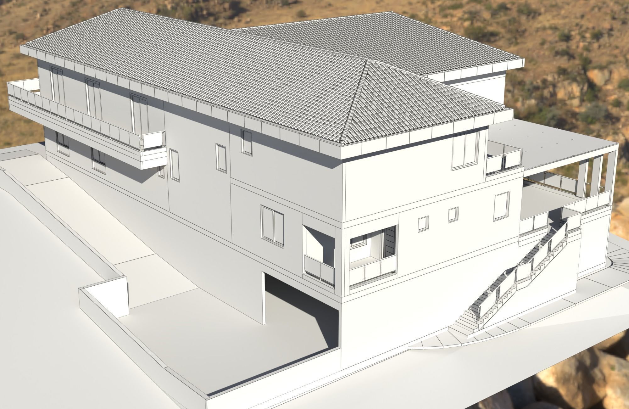 Exterior scene of rustic house on sloped landscape 3D model_6