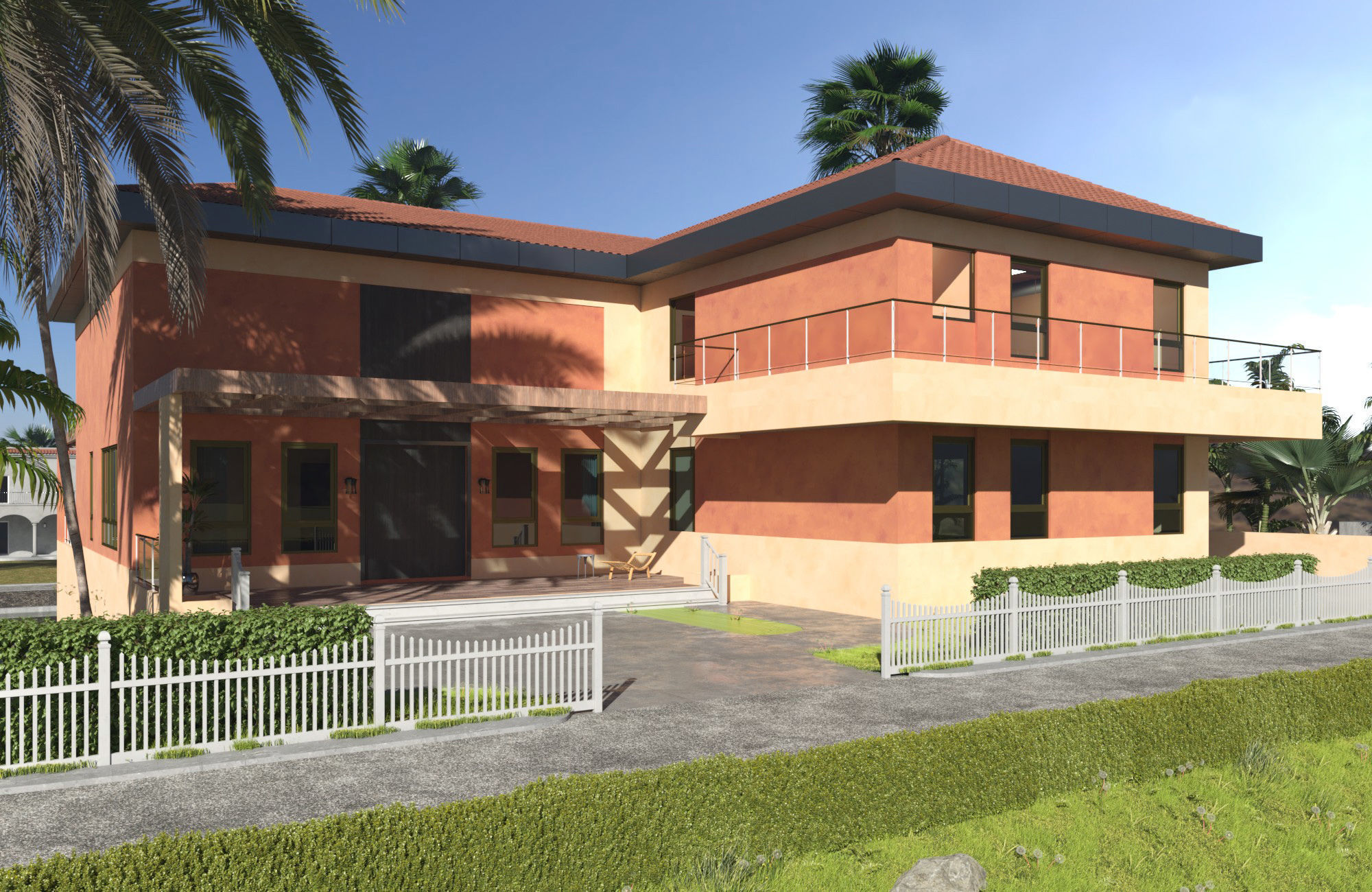 Exterior scene of rustic house on sloped landscape 3D model_1