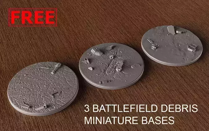 FREE -  3 BATTLEFIELD DEBRIS BASES 100 mm 3D Print Ready 