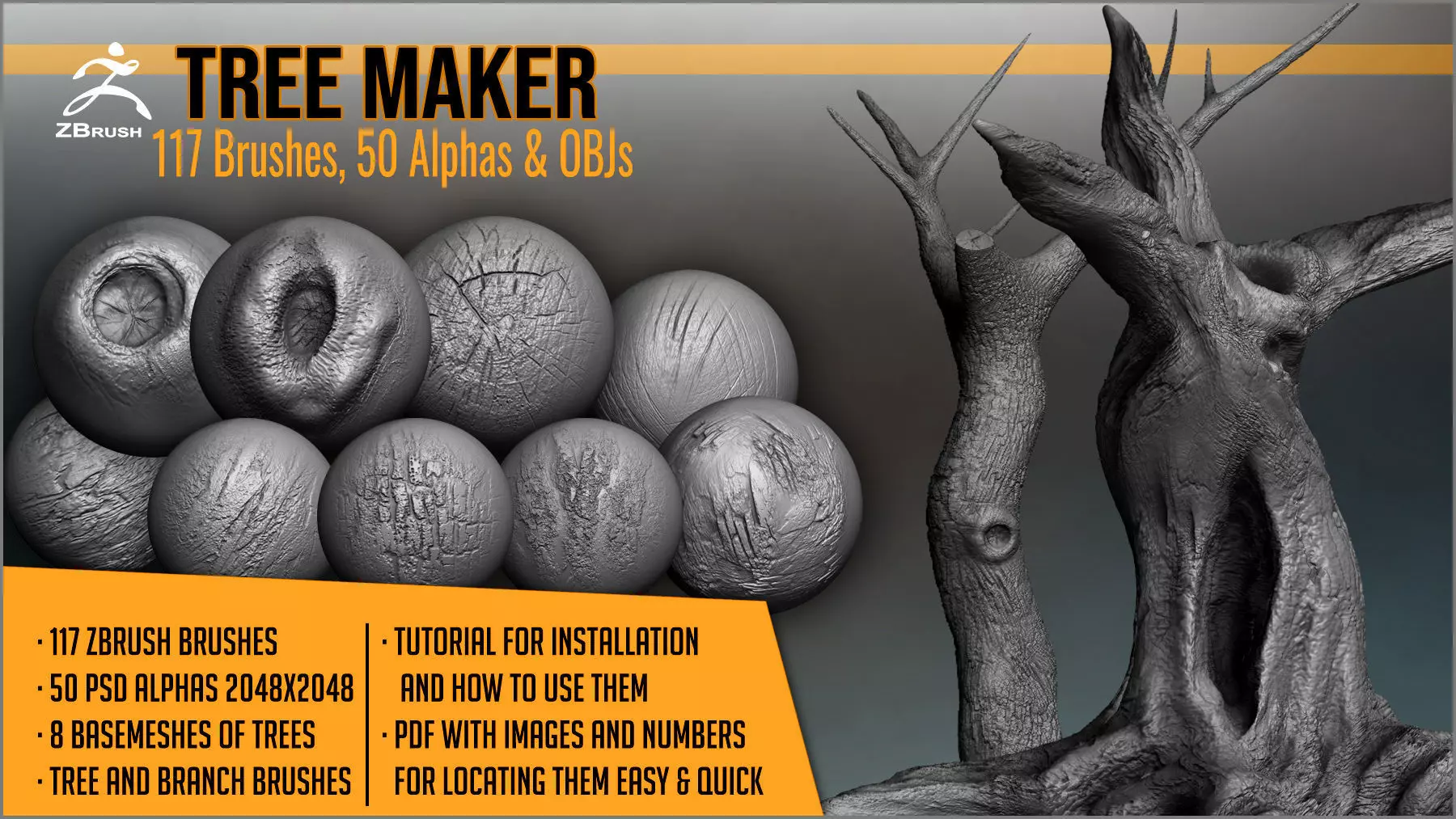 Tree Maker 117 ZBrush Brushes 50 Alphas and 8 Tree Basemeshes 3D model_0