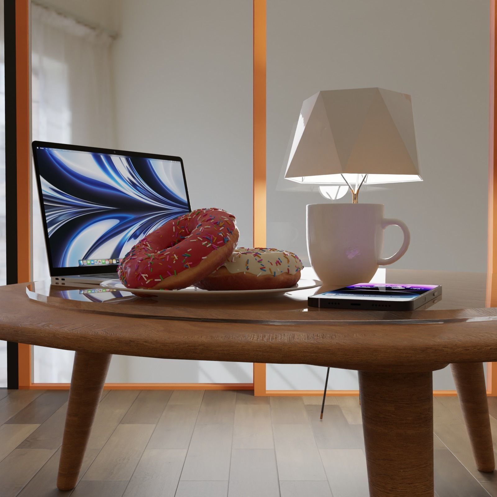 Donut and Coffee on a table set 3D model_6