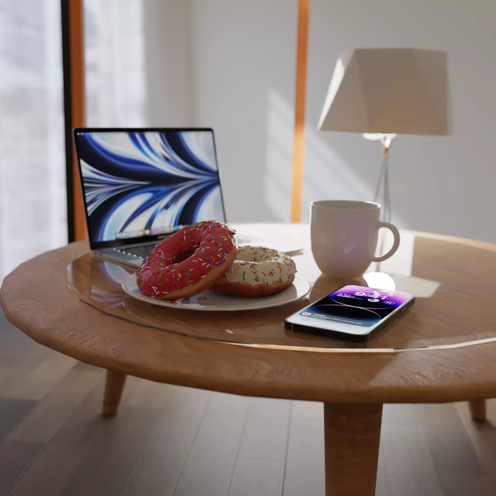 Donut and Coffee on a table set 3D model_0
