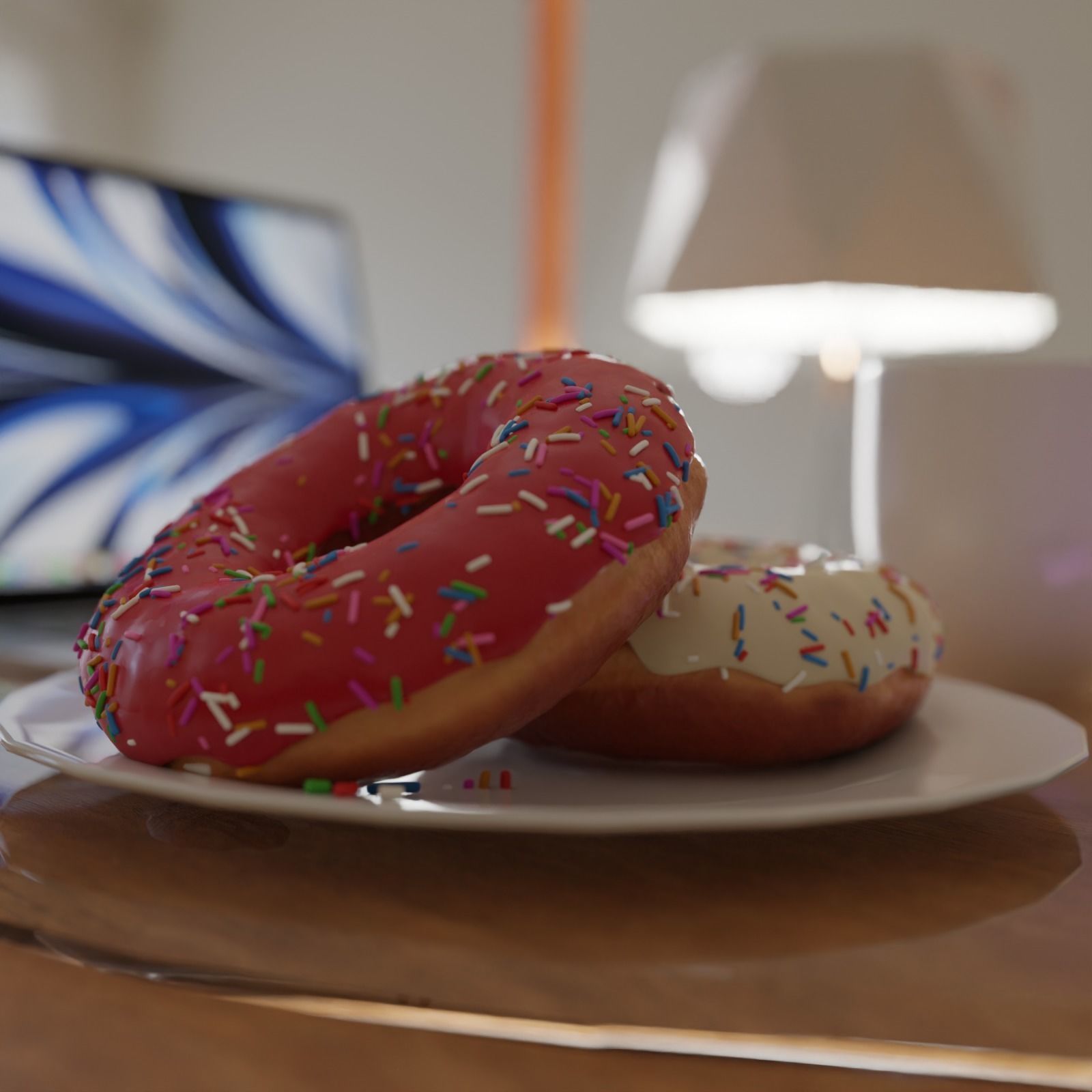 Donut and Coffee on a table set 3D model_1