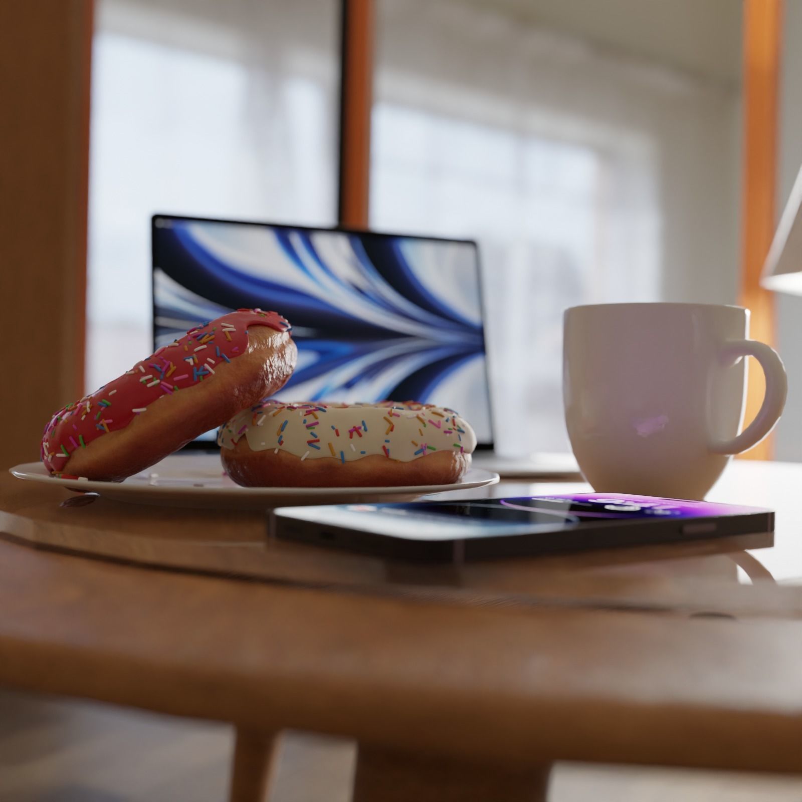 Donut and Coffee on a table set 3D model_2
