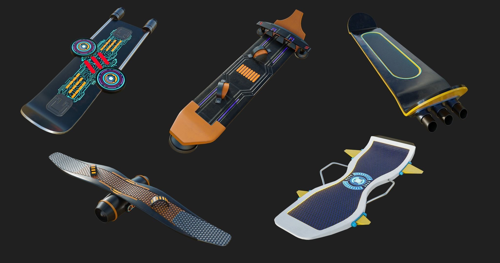 10 Sci Fi Hoverboards All PBR Unity UE Textures Included 3D Model Collection_3