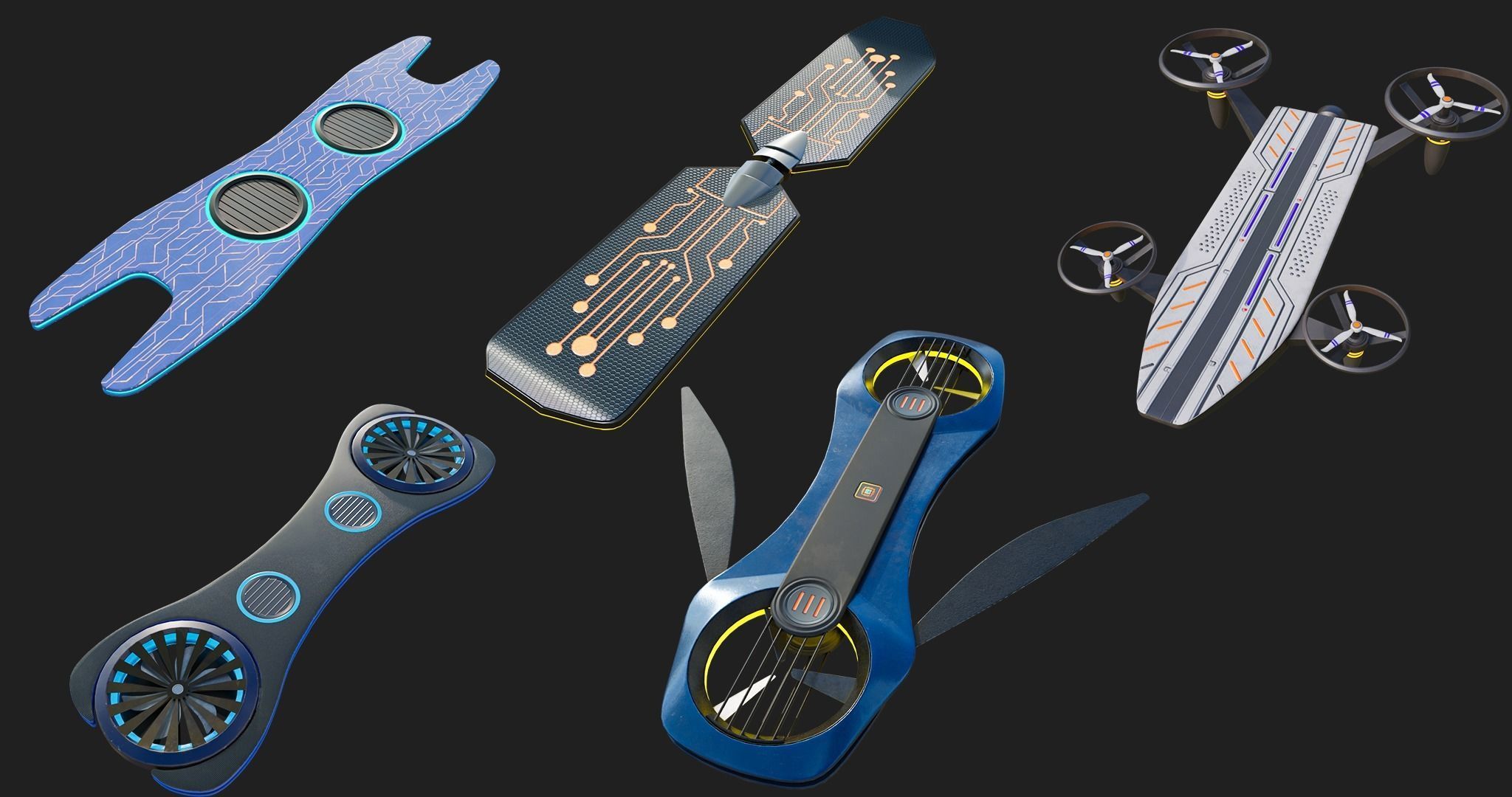 10 Sci Fi Hoverboards All PBR Unity UE Textures Included 3D Model Collection_2