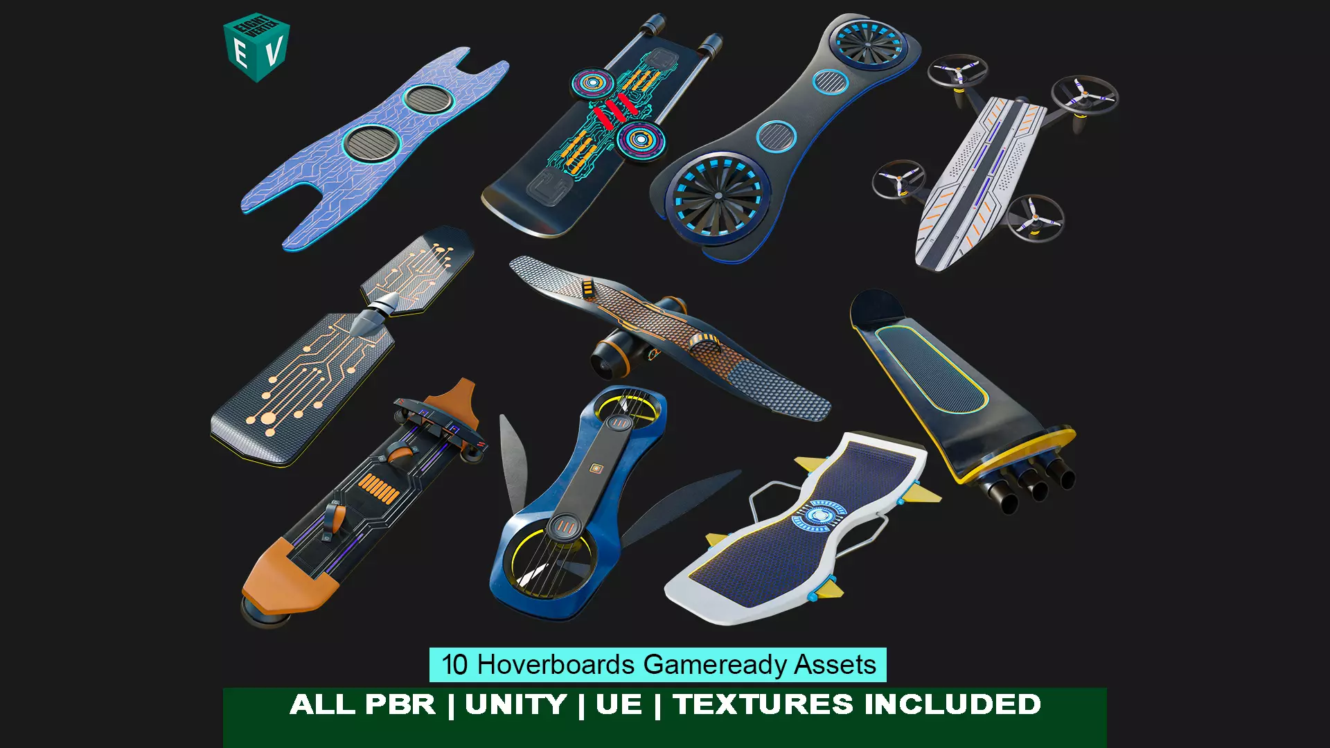 10 Sci Fi Hoverboards All PBR Unity UE Textures Included 3D Model Collection_0