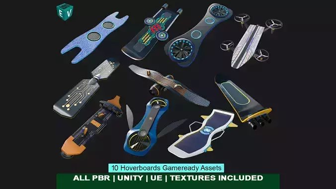 10 Sci Fi Hoverboards All PBR Unity UE Textures Included 3D Model Collection