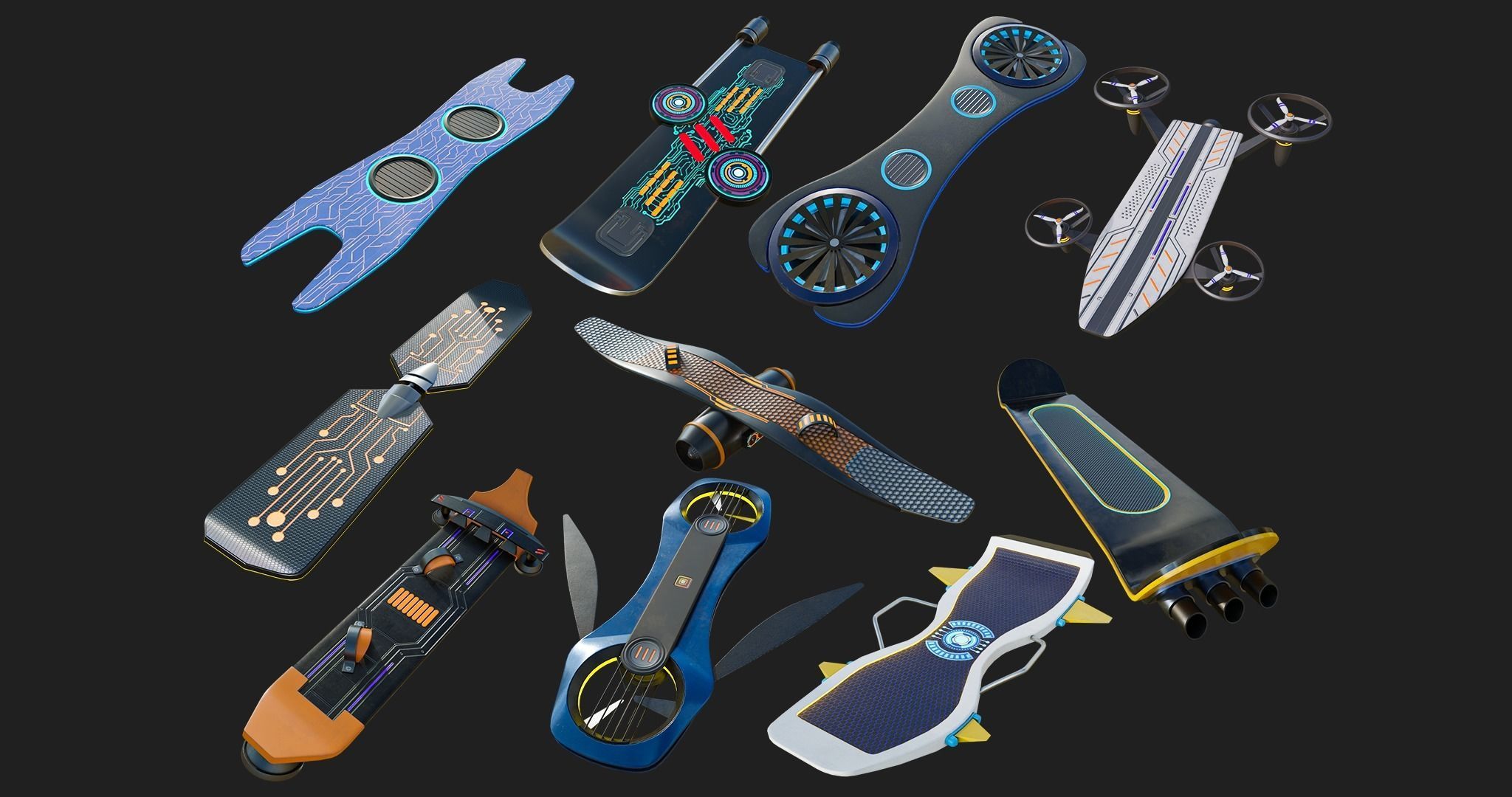 10 Sci Fi Hoverboards All PBR Unity UE Textures Included 3D Model Collection_1