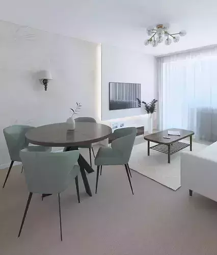 Living room of a small apartment with a kitchen