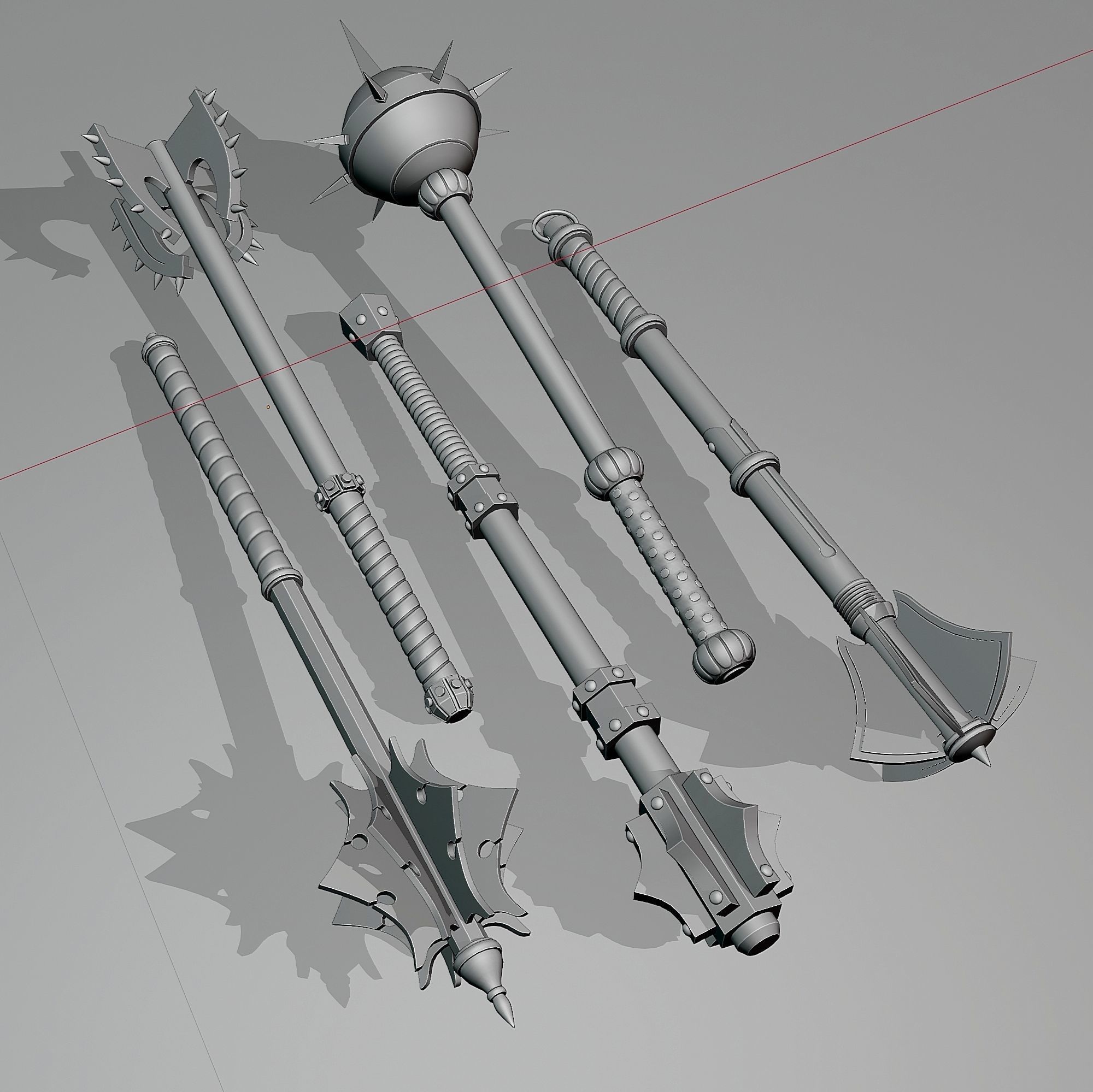 Set of five maces Low-poly 3D model_8