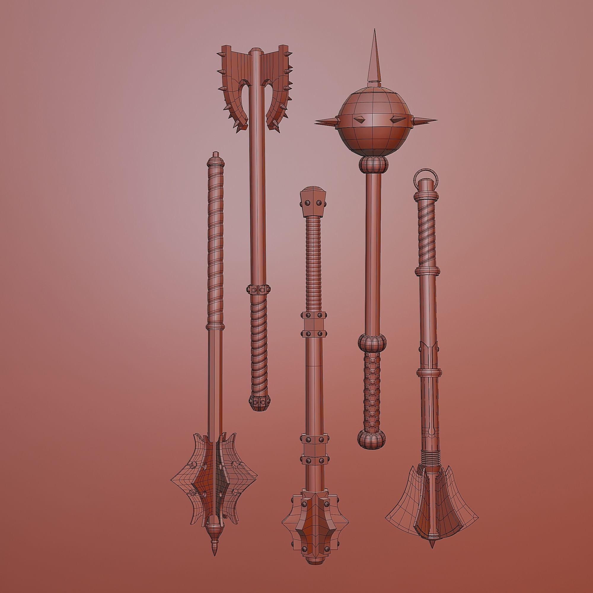Set of five maces Low-poly 3D model_7