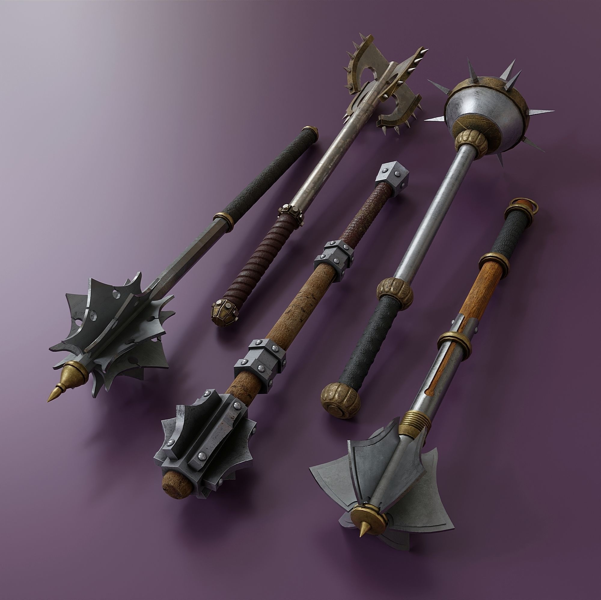 Set of five maces Low-poly 3D model_1