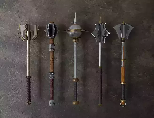 Set of five maces Low-poly 3D model