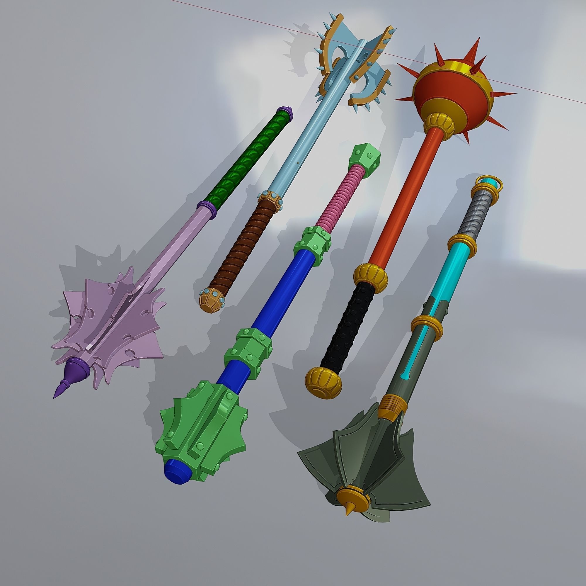 Set of five maces Low-poly 3D model_9