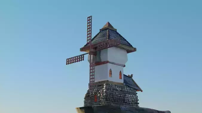 Medieval Windmill Building on the cliff Low-poly 3D model