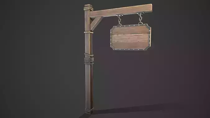Signboard wooden sign hanging on pole Low-poly 3D model