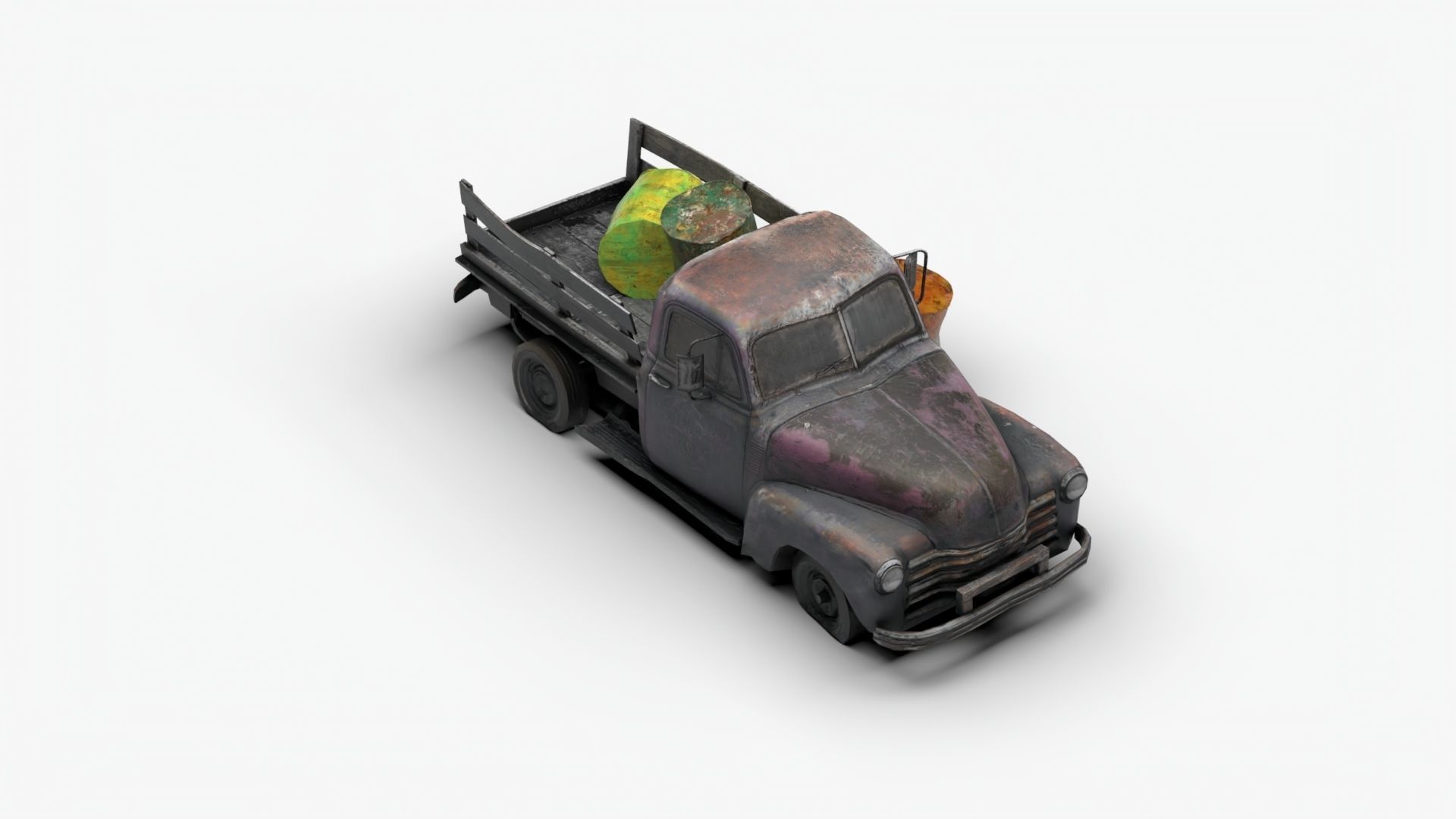 Ruined truck with Barrel destroyed vihicle Low-poly 3D model_2